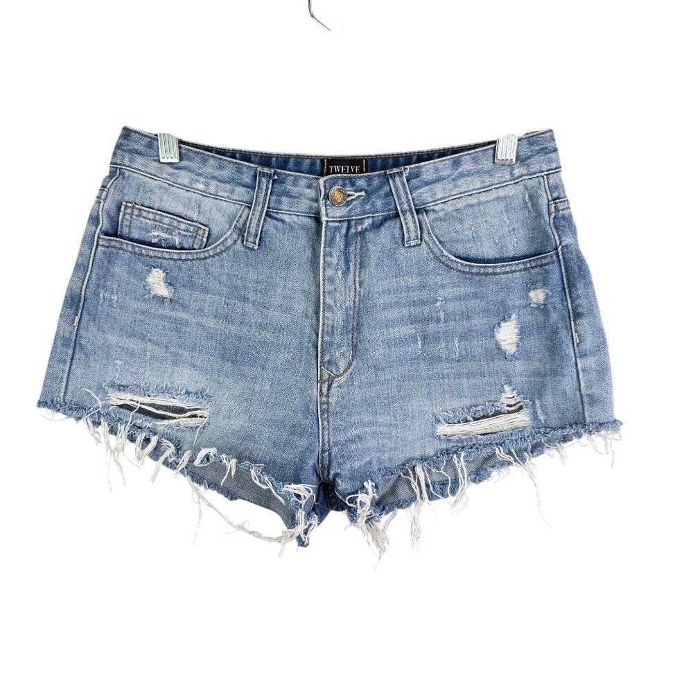 Womens Twelve by Ontwelfth Blue Denim Jean Shorts Distressed Raw Hem Size 28